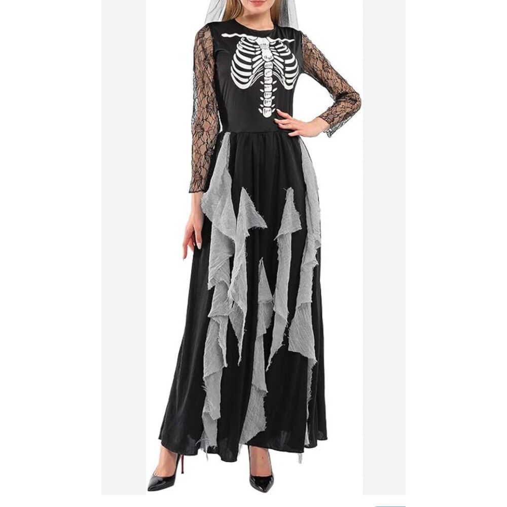 EraSpooky Graveyard'Sskeleton Zombie Bride Ghost Costume w/Crinoline Gown M
